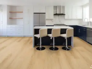 Sapphire Vellichor Gemstone SPC installed in kitchen — warm light beige, evenly toned — San Carlos