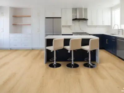 Sapphire Vellichor Gemstone SPC installed in kitchen — warm light beige, evenly toned — San Carlos