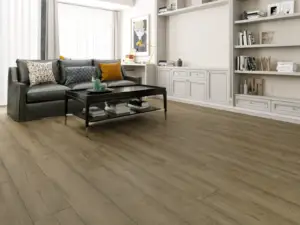 Shasta Paradigm Flooring Insignia 20MIL WPC installed in study with built-in bookshelf — medium-tone rustic brown — Saratoga