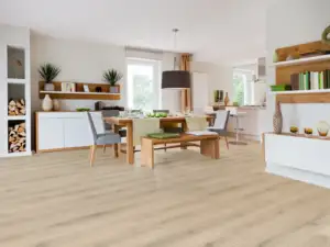 Shield Paradigm Flooring Conquest 20MIL SPC installed in open living and dining — light neutral beige — Menlo Park