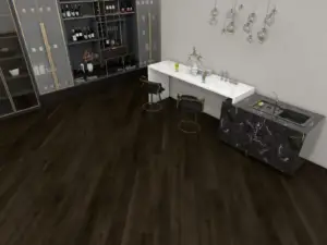 Shire Paradigm Flooring Conquest 20MIL SPC installed in wet bar lounge — dark chocolate brown, almost black — Redwood City