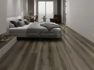 Skyros Paradigm Flooring Odyssey 20MIL WPC installed in modern master bedroom — warm-leaning medium grey — San Carlos