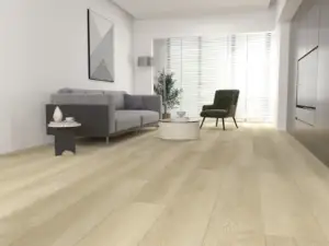 Squire Paradigm Flooring Conquest 20MIL SPC installed in living room — soft golden-tan, inviting and bright — Newark