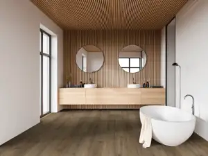 Stonehaven Maple COREtec Pro Premium SPC installed in bathroom — grounded medium brown — Santa Clara