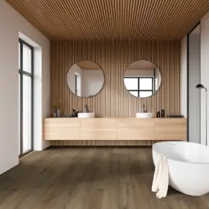 Stonehaven Maple COREtec Pro Premium SPC installed in bathroom — grounded medium brown — Santa Clara