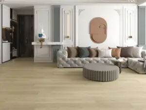 Swallow Paradigm Flooring Performer PLUS SPC installed in formal living room — creamy beige with subtle golden — Cupertino