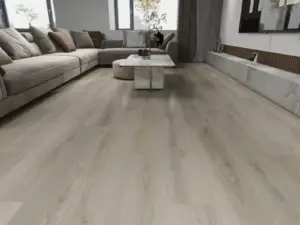 Thira Paradigm Flooring Odyssey 20MIL WPC installed in spacious modern living room — soft pale greige — Fremont
