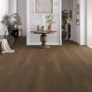 Tofino Paradigm Flooring Insignia 20MIL WPC installed in hallway — medium-dark brown with warm honey undertones — Campbell