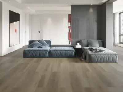 Toucan Paradigm Flooring Performer PLUS SPC installed in high-rise condo bedroom lounge — earthy medium brown — Saratoga