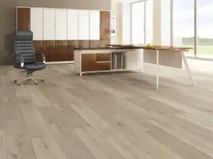 Tower Paradigm Flooring Conquest 20MIL SPC installed in executive office — light warm tan, understated elegance — Menlo Park
