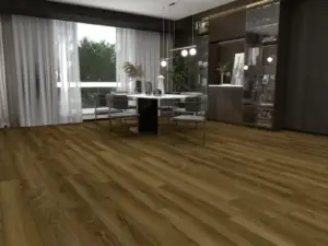 Troubador Paradigm Flooring Conquest 20MIL SPC installed in dining room — deep warm brown with refined complexity — Hayward