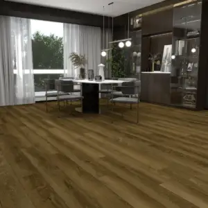 Troubador Paradigm Flooring Conquest 20MIL SPC installed in dining room — deep warm brown with refined complexity — Hayward