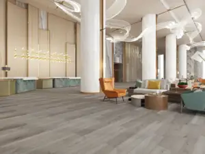 Victory Paradigm Flooring Conquest 20MIL SPC installed in hotel lobby — smoky neutral with greige balance — Santa Clara