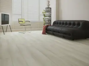 White Sand Paradigm Flooring Insignia 20MIL WPC installed in small modernist sitting room — soft grey-taupe — Silicon Valley