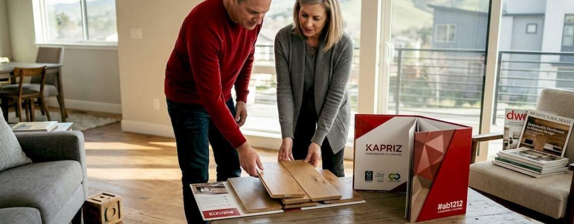 Couple examining certified wood floor samples