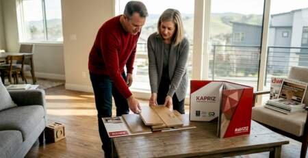 Couple examining certified wood floor samples