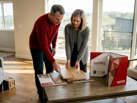 Couple examining certified wood floor samples