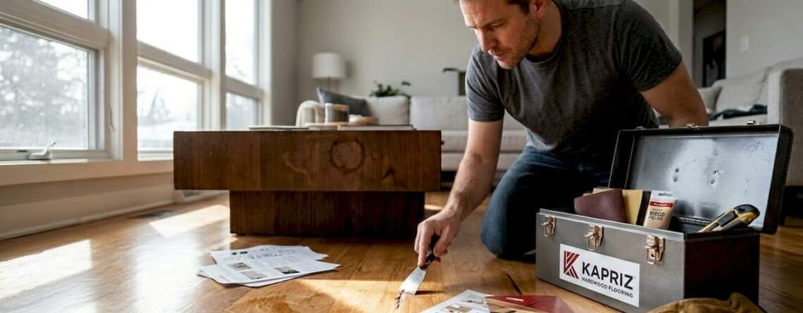 Homeowner inspecting hardwood floor damage with tools