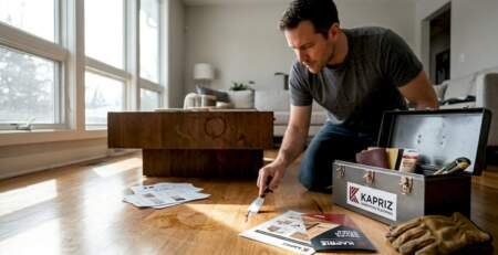 Homeowner inspecting hardwood floor damage with tools