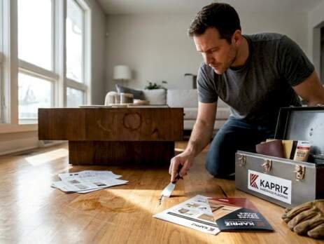 Homeowner inspecting hardwood floor damage with tools