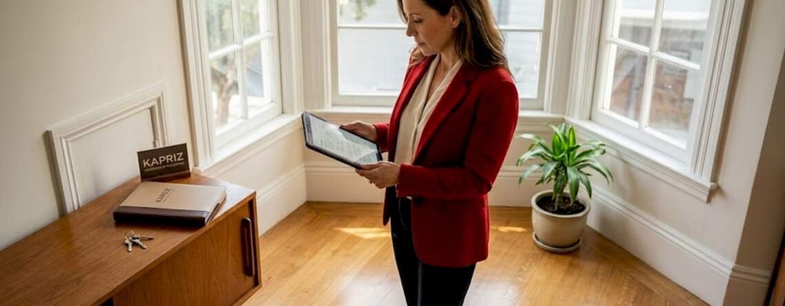 Agent reviewing hardwood floors in Bay Area home