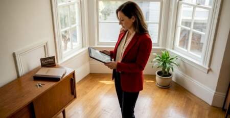 Agent reviewing hardwood floors in Bay Area home