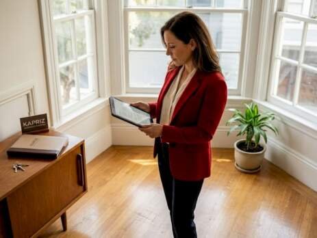 Agent reviewing hardwood floors in Bay Area home