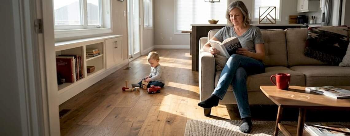Family relaxing in bright hardwood living room