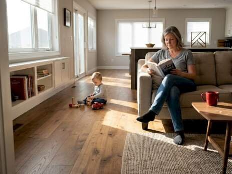 Family relaxing in bright hardwood living room