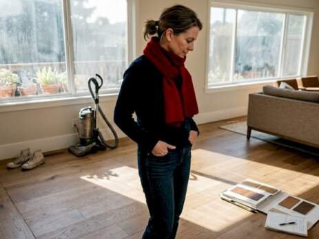 Homeowner inspects hardwood floors in sunlit Bay Area living room