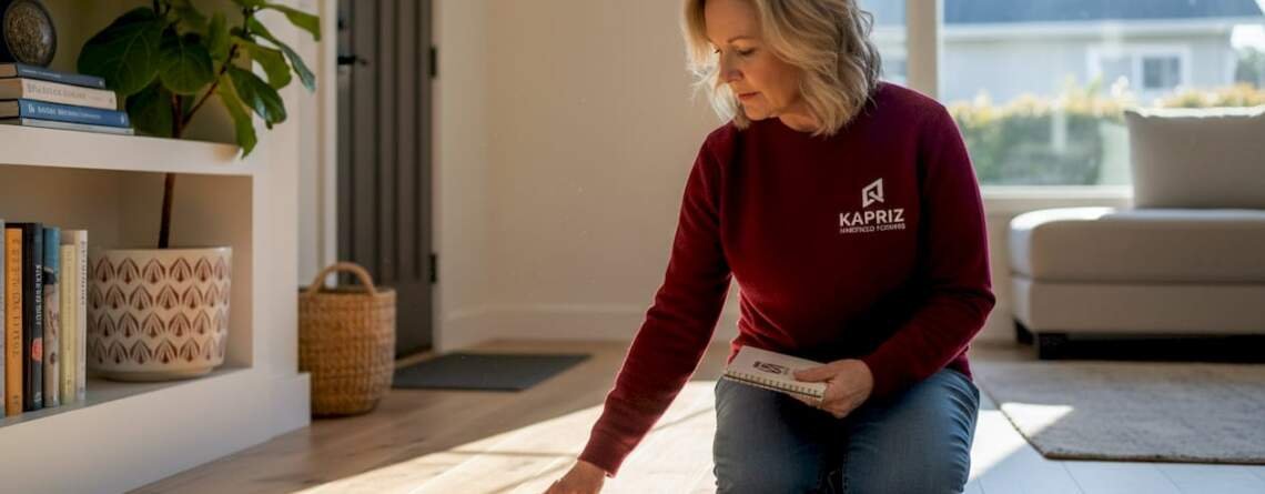 Woman inspecting new hardwood floors